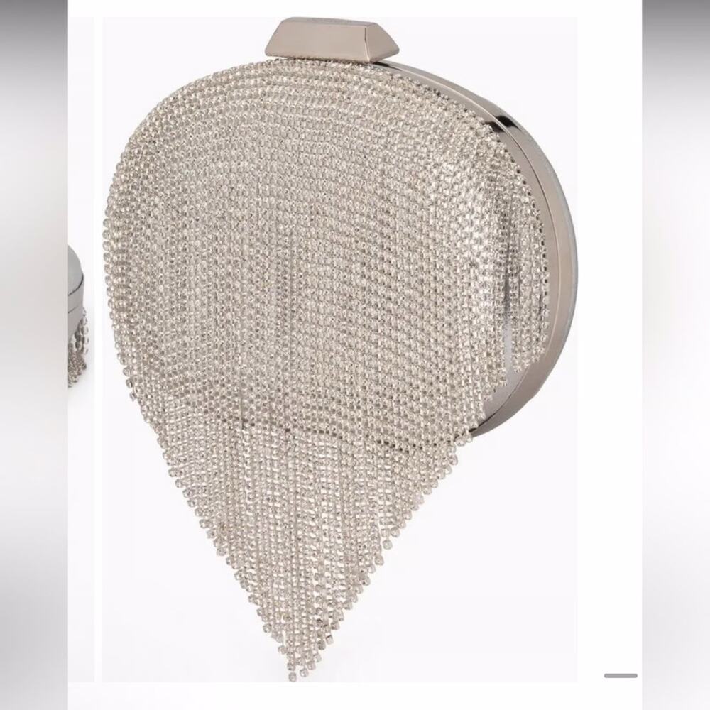 Olga Berg Bria Crystal Fringe Clutch Rhinestone Drop-in Chain Strap Silver NWT